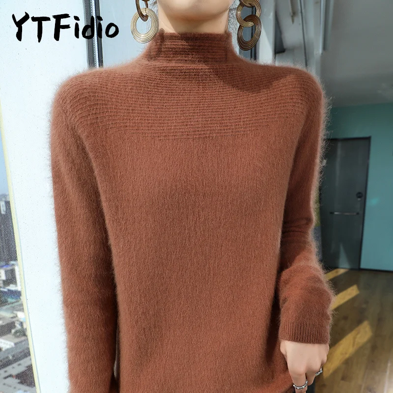 YTFidio Nerz-Kaschmir-Pullover für Damen, Strickwaren, Pullover, dick, halbhoher Kragen, Basis-Tops, Oberbekleidung, gestrickt, übergroß, 147