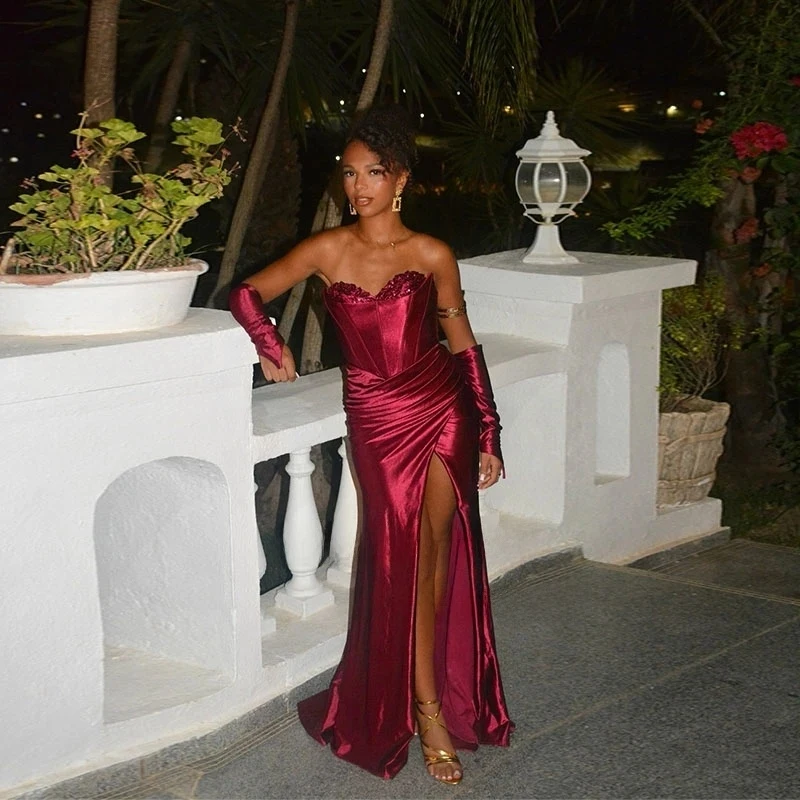 

2026 Burgundy Formal Evening Dresses Mermaid Satin Vestidos De Fiesta Elegantes Sparkly Beaded Leg Slit Party Gowns Customized
