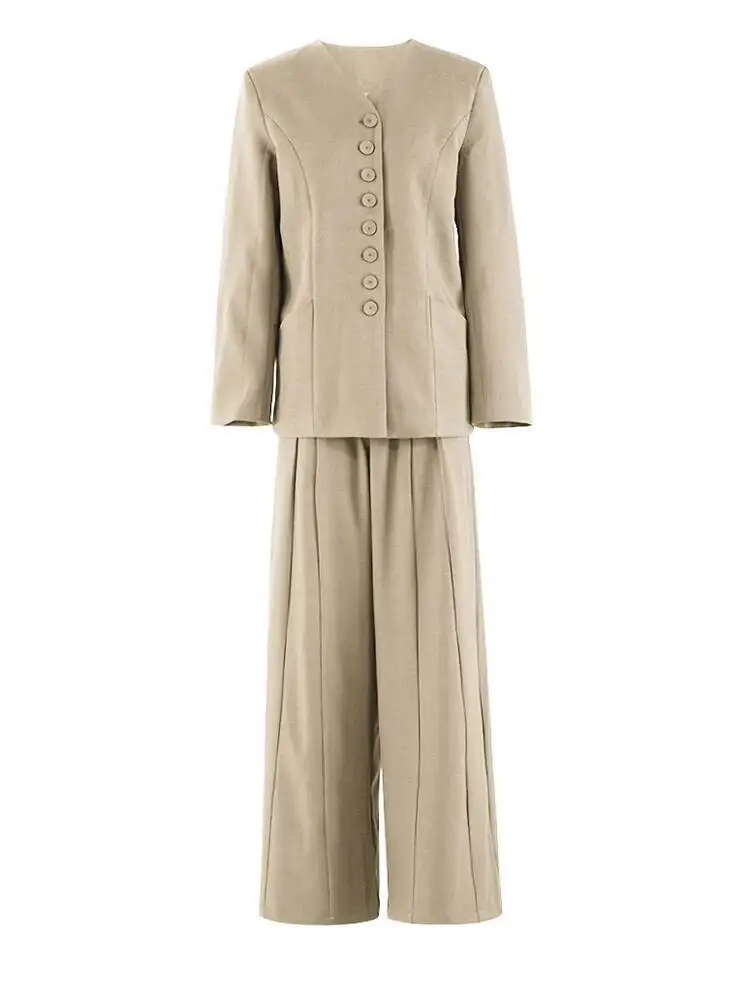 Size Blazer Big Pleated Wide Leg Pants Two Piece Suit New V-Neck Long Sleeve Women Fashion  Spring Autumn 2026 VWXL