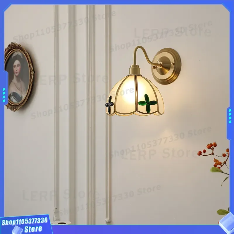 Japanese Retro All Copper Wall Lamp French Butterfly Glass Sconce for Bedside Entrance Corridor Cafe B and B Home Decor