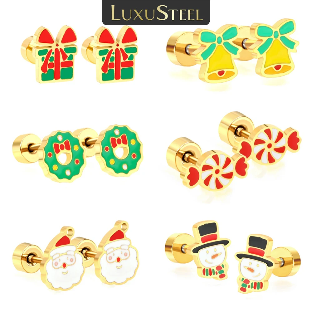 LUXUSTEEL New Christmas Stainless Steel Earrings Golden Plated Santa Claus Snowman Snowflake Bell Candy Gift Box Stud Earrings