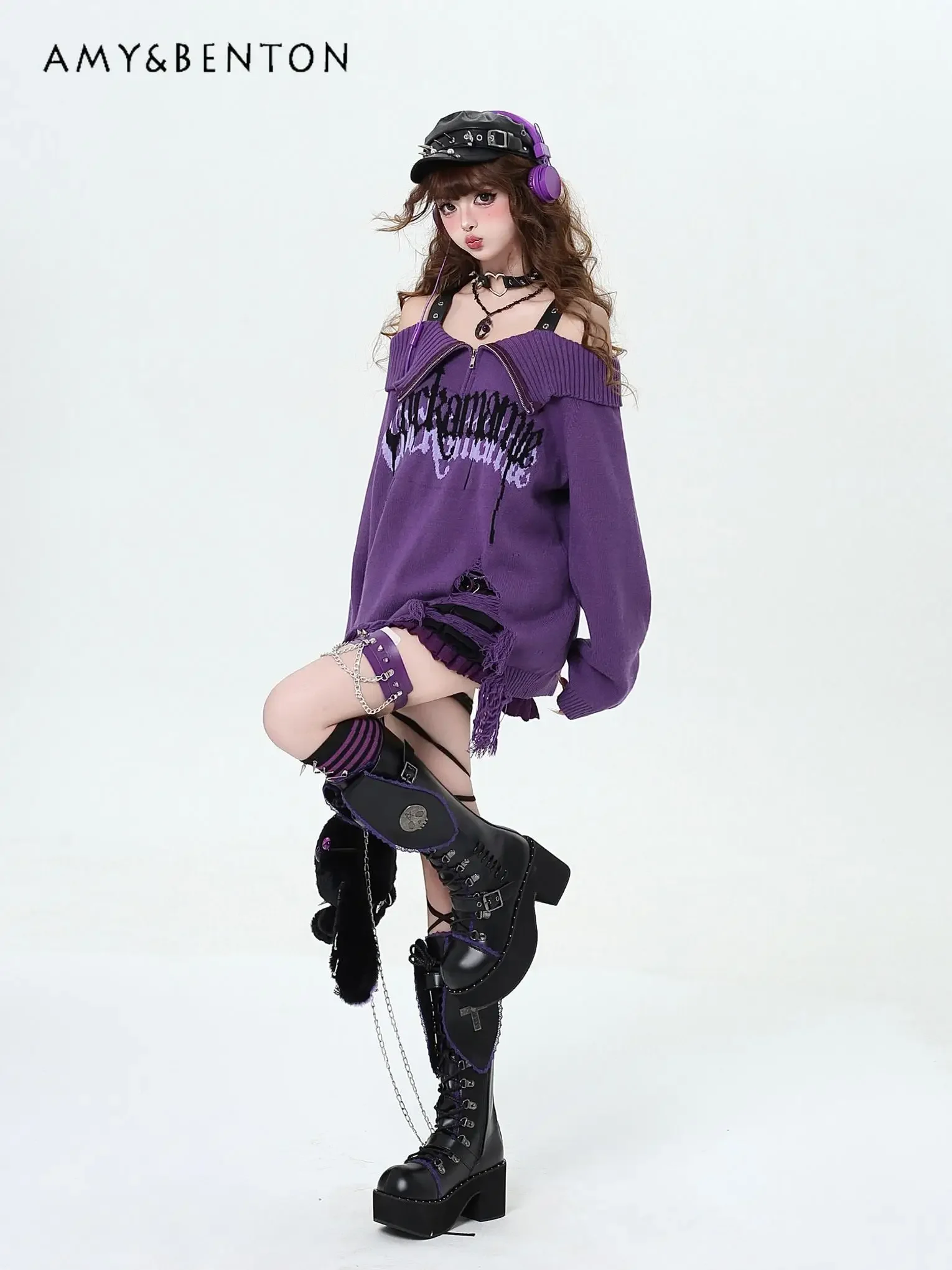 Gothic Letter Print Off Shoulder Ripped Sweater Women Subculture Girl Black Purple Lapel Sweaters Autumn Winter Harajuku Jumper