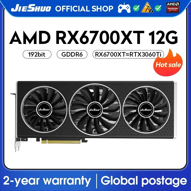 JIESHUO AMD RX 6700XT 12GB video graphics card GDDR6 192BIT GPU rx6700xt 12g for computer desktop gaming games office 6700xt rx