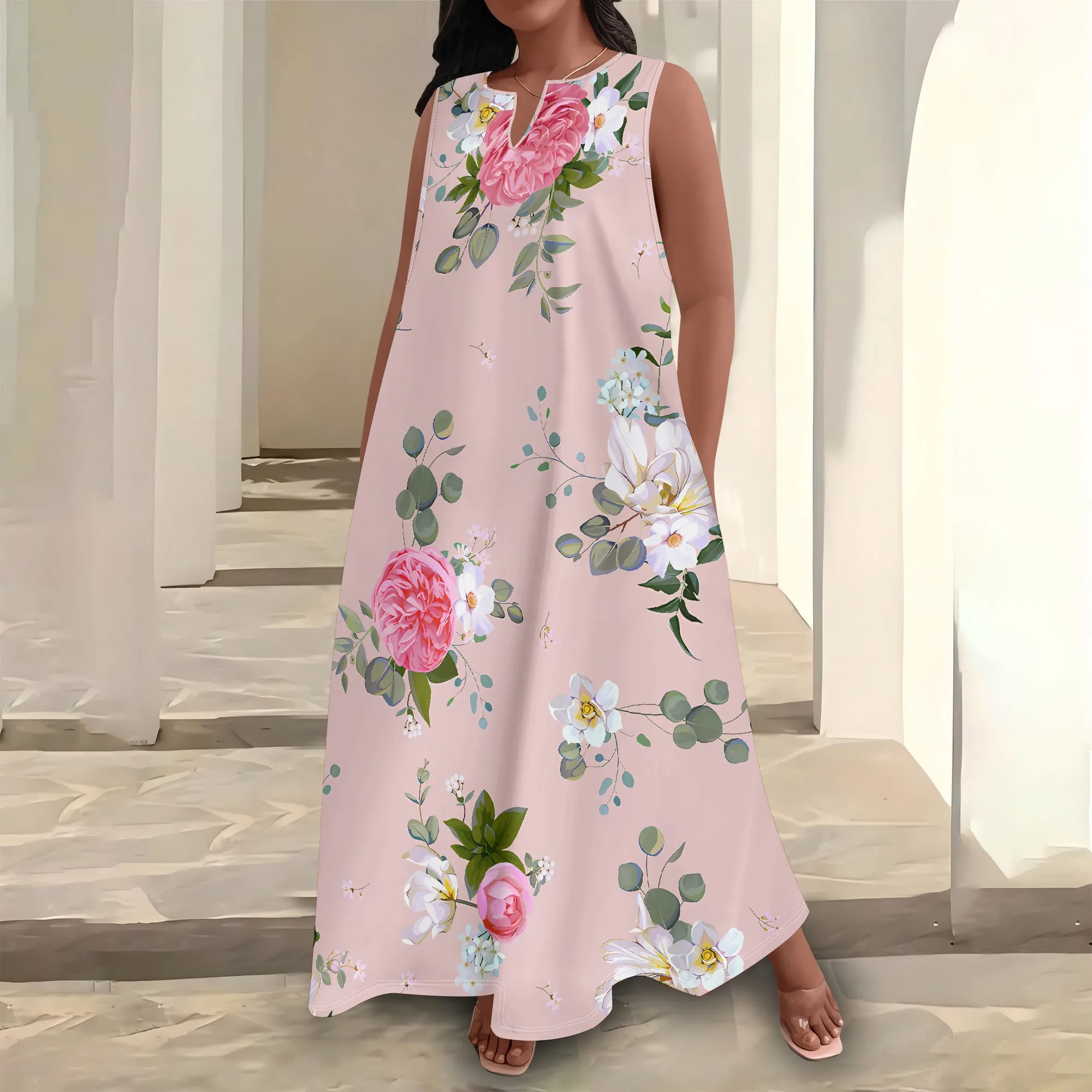 

Plus Size Women's Summerl Fashion Printed African Style Sleeveless Round V Neck Dress Loose And Casual Dress