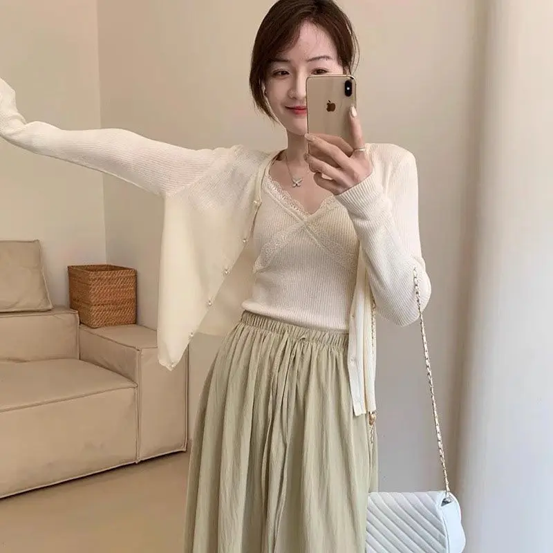 시크한 브이넥 긴 소매 레이스 트림 니트 오픈 가디건 투피스 세트 여성용 캐주얼 봄 가을 순색 상의