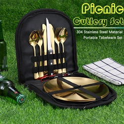 10Pcs Camping Tableware Set 304 Stainless Steel Picnic Cutlery Set With Tableware Storage Bag Portable Picnic Set Camping Dishes