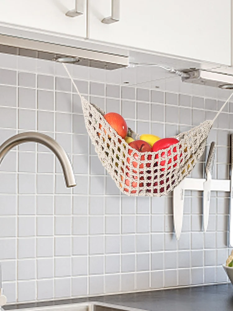 Hand-Woven Macrame Vegetable Hammock Net Under Cabinet Fruit Han ging Basket Kitchen Storage Organizer Ha ng MiniTapestry Decor