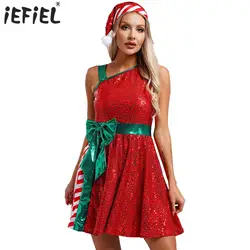 Womens Christmas Xmas Miss Santa Claus Red Dress with Santa Hat Set Sequins Stripes New Year Party Celebration Cosplay Costume