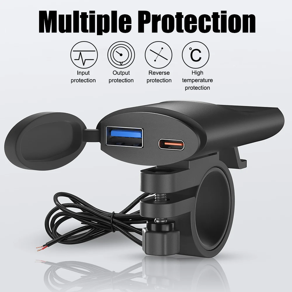 Motorcycle USB Charger Fast Charger 12V-24V IP67 Waterproof Moto Phone Charger Handlebar Mounting Bracket 3.4A 30W QC3.0