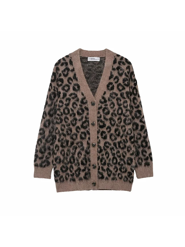 

Женский новый леопардовый жаккардовый размер вязаный кардиган свитер с v-образным вырезом и длинным рукавом женский новый модный прилив осень и зима