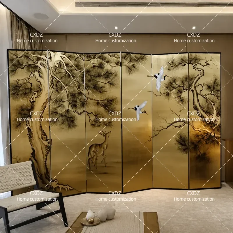 Custom Japanese Folding Screen Mobile Hand Painted Gold Foil Lacquer Painting Ancient Pine Tree Crane Tea Room Entrance