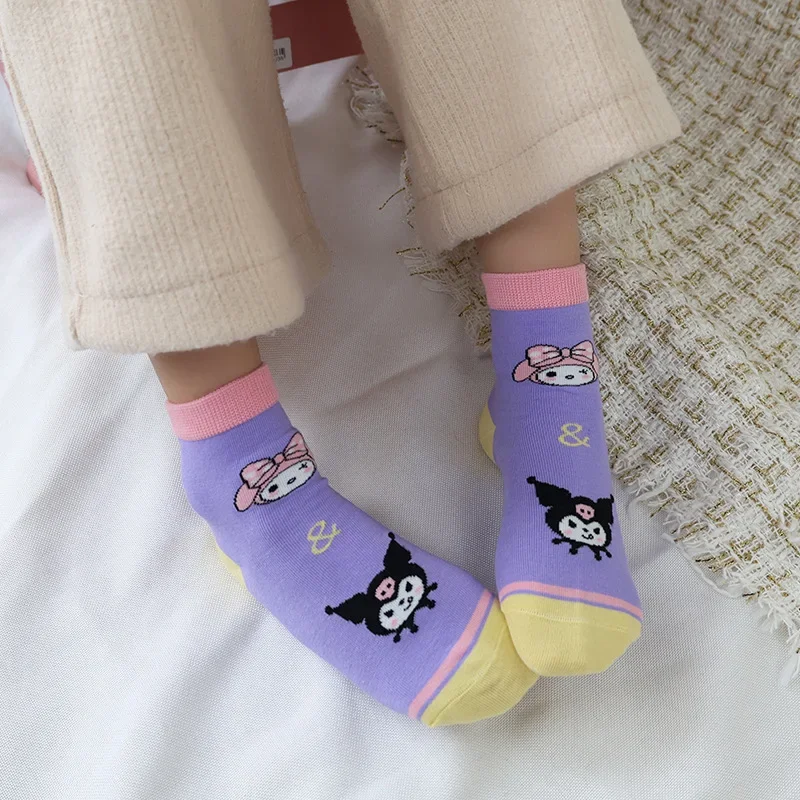 5pcs Kawaii Sanrio Kuromi Socks My Melody Childrens Socks Short Girl Cartoon Cute Lace Super Cute Student Baby Pink Medium Socks