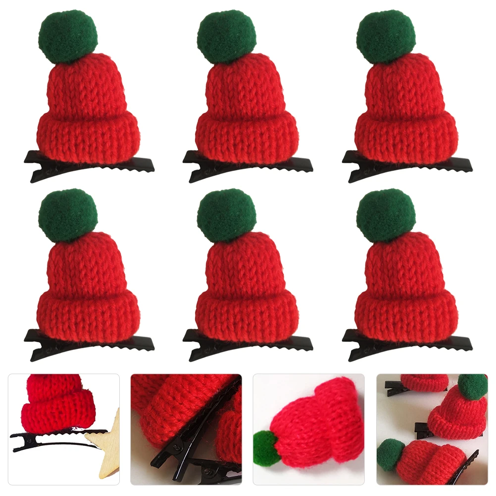 

6Pcs Knit Xmas Hairpins Adorable Christmas Headdress Wool Hat Style Party Decor Red Green Christmas Barrettes