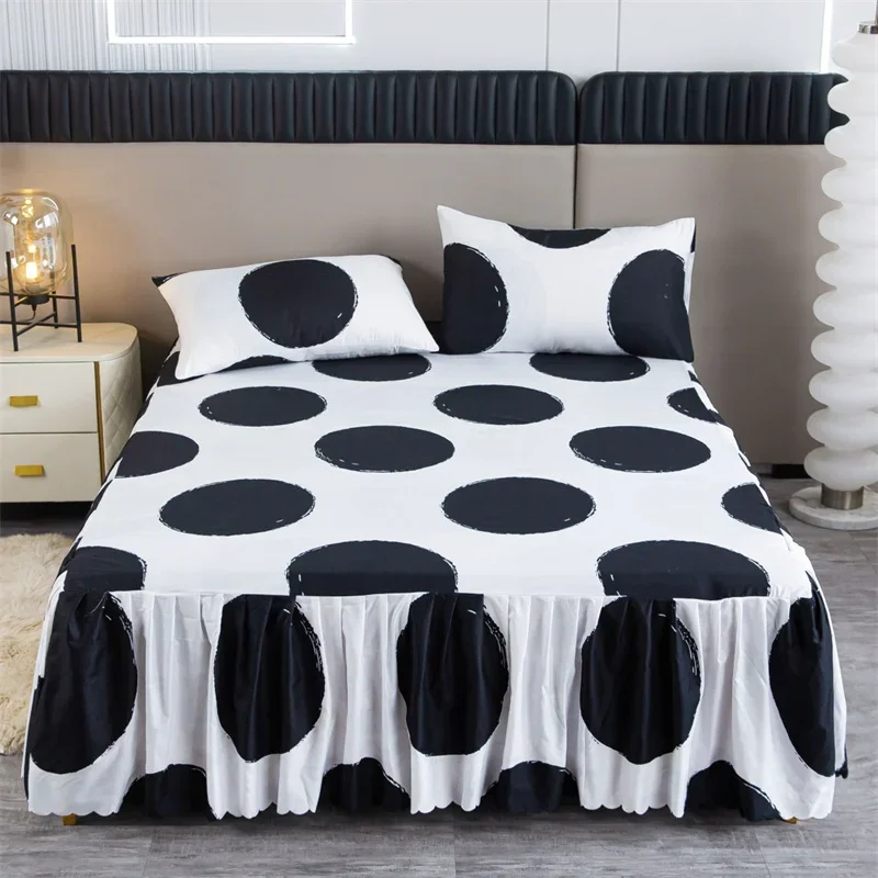 

1PC All-Season Mattress Cover Black Dot Printed Bed Skirt Soft Breathable Bedroom Hotel Bedding(No Pillowcase) Bed Sheet Set