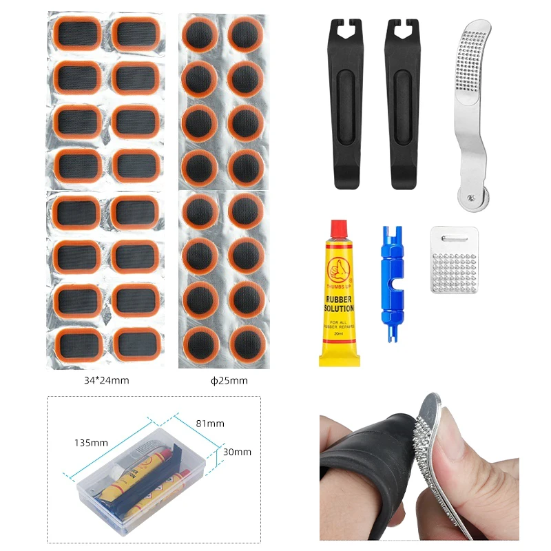 Portable Bicycle Tube Service Tool Kit Cold Repair Patches Quality Glue Schrader Presta Nozzle Key Abrasive File Tire Lever