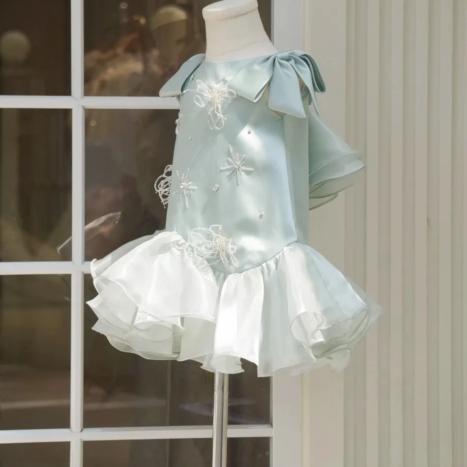 Toddler Girls Sleeveless Satin Mini Dress Shoulder Bow 3D Beaded Firework Floral Ruffle Hem Chiffon Skirt Baby Daily Party Gown