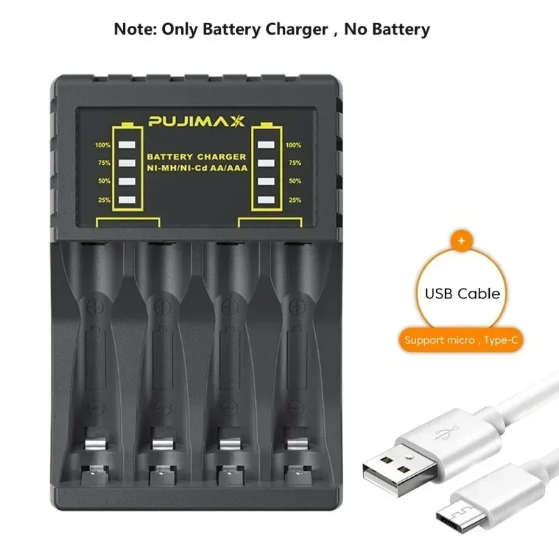 

Battery Charger 4 Slot Intelligent Fast Charge With Indicator For 1.2V NiMH NiCd AAA/AA Rechargeable Batteries USB C Micro Jack