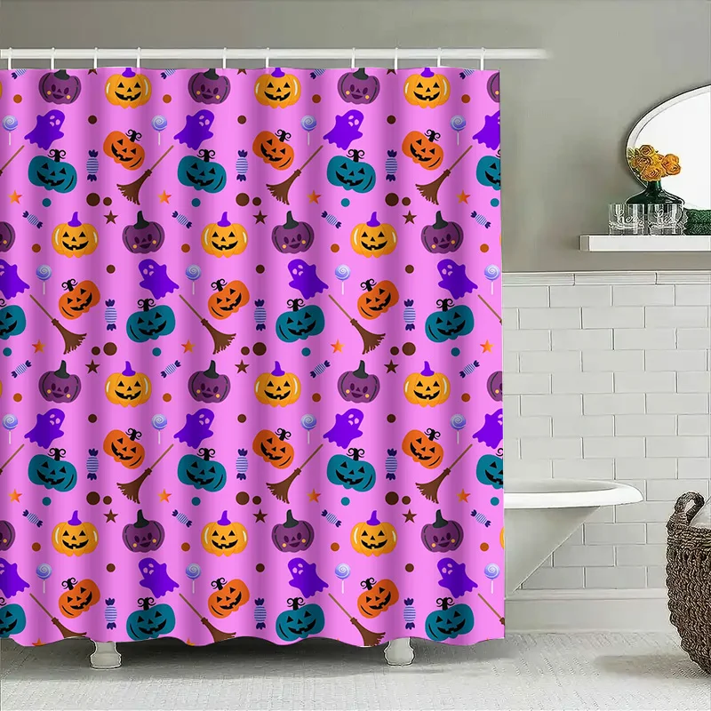 

Tuniu Halloween Striped Shower Curtain Cute Pumpkin Witch Candy Stars Bathroom Decor