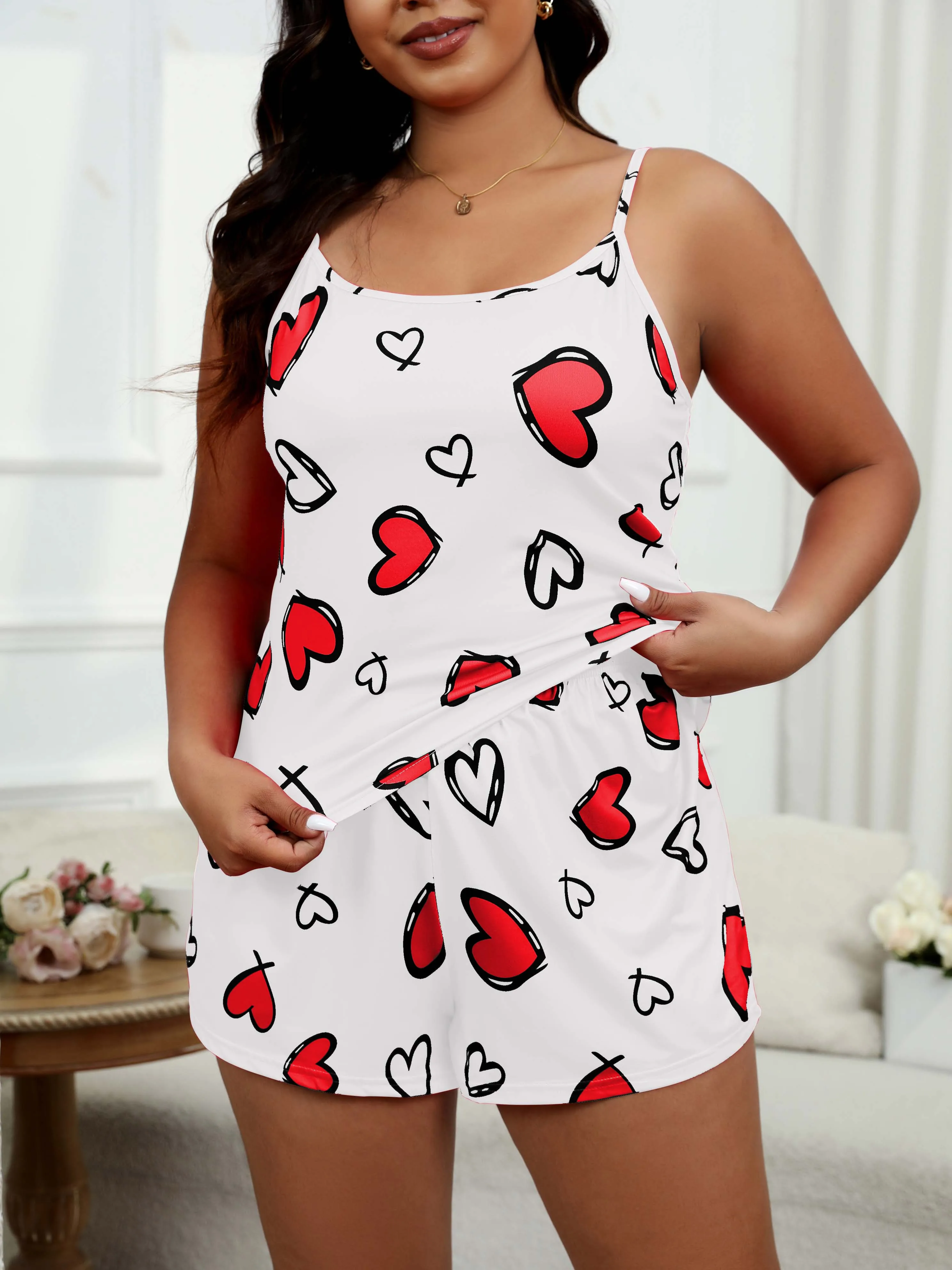 New Two Piece Women\'s Plus Size Heart Print Cami Top and Shorts Pajama Sets & Women Casual Home Wear Loose and Comfy Sleepwear