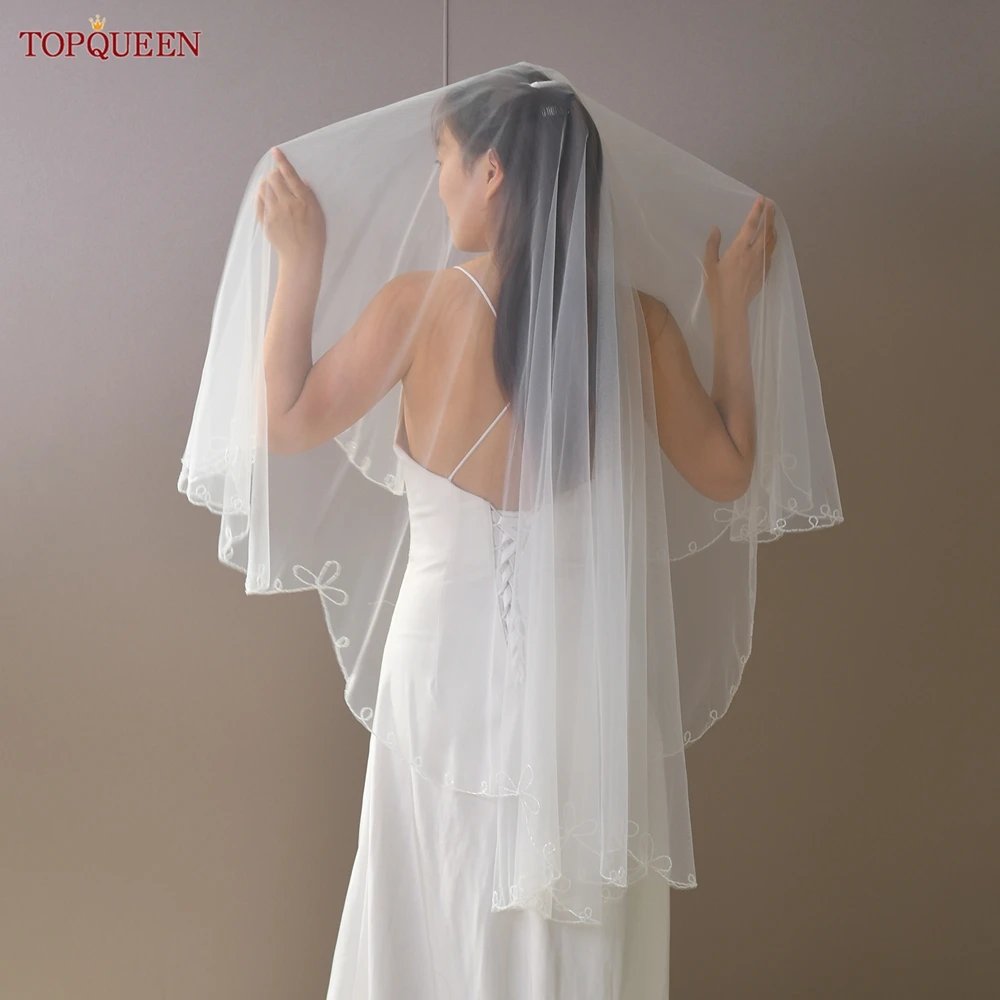 TOPQUEEN New Design Handmade Beaded Flower Trim Veil Short Fingertip Length Bridal Wedding Accessories Soft Tulle V261