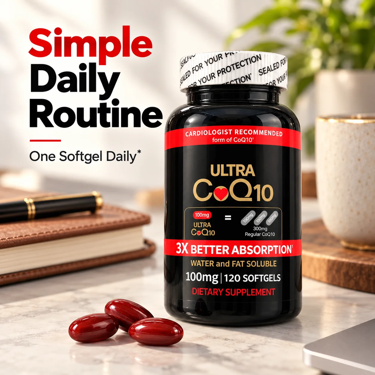 Ultra CoQ10 100mg 120 Softgels Advanced Water and Fat Soluble Dietary Supplement for Daily Energy and Cellular Wellness Support