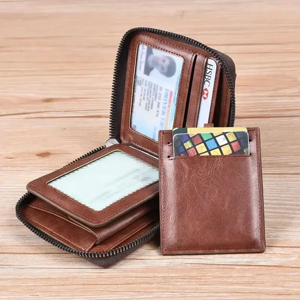 Men's Leather RFID Wallet, Zippered Business Card Holder with Coin Pocket, Premium Multi-Function Purse