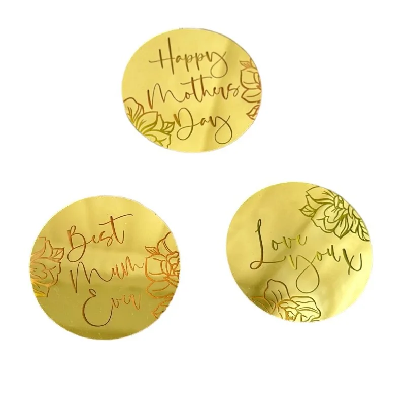 2025 New Mother\'s Day Cake Topper Golden Circular Acrylic Mom Birthday Party Cupcake Topper Dessert Decorations Baking Supplies
