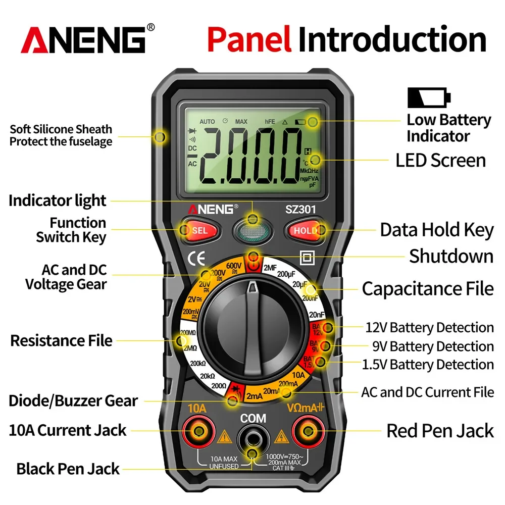 Aneng SZ301 Digitale Professionele Multimeter Votage Weerstand Elektrische Ohm Ammeter Huidige Automatische Tester Capaciteit Meter