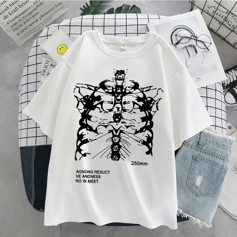 

Harajuku Dark Skull Bones Heart Lung Printed Women T-shirts Unisex High Street Fashion Casual Loose Oversized Short Sleeve Tees