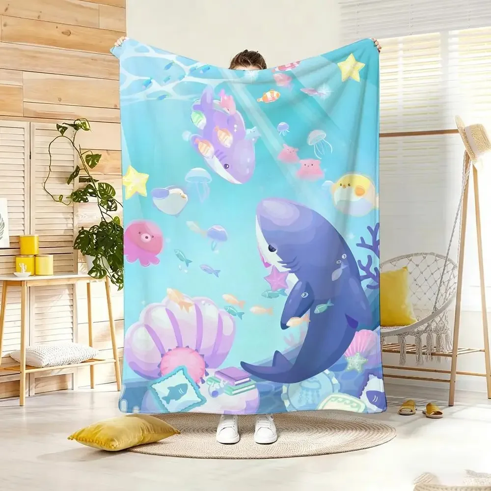 Pastel Healing Design Cute shark Throw Lightweight  Flannel Blanket Soft Skin-friendly for Summer Cooling