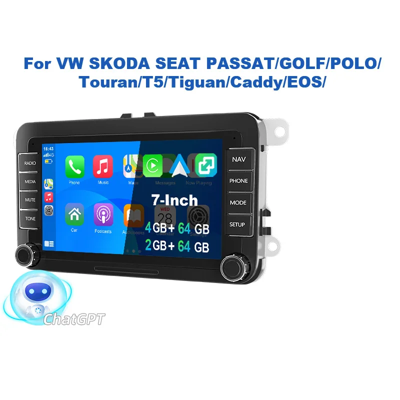 ESSGOO Android 15 7-Zoll VW Autoradio mit Wireless Carplay und Android Auto, 4GB RAM 64GB ROM Plug-and-Play Autoradio GPS WLAN Bluetooth, voll kompatibel mit VW-Modellen wie Golf 5/6/7, Polo, Passat