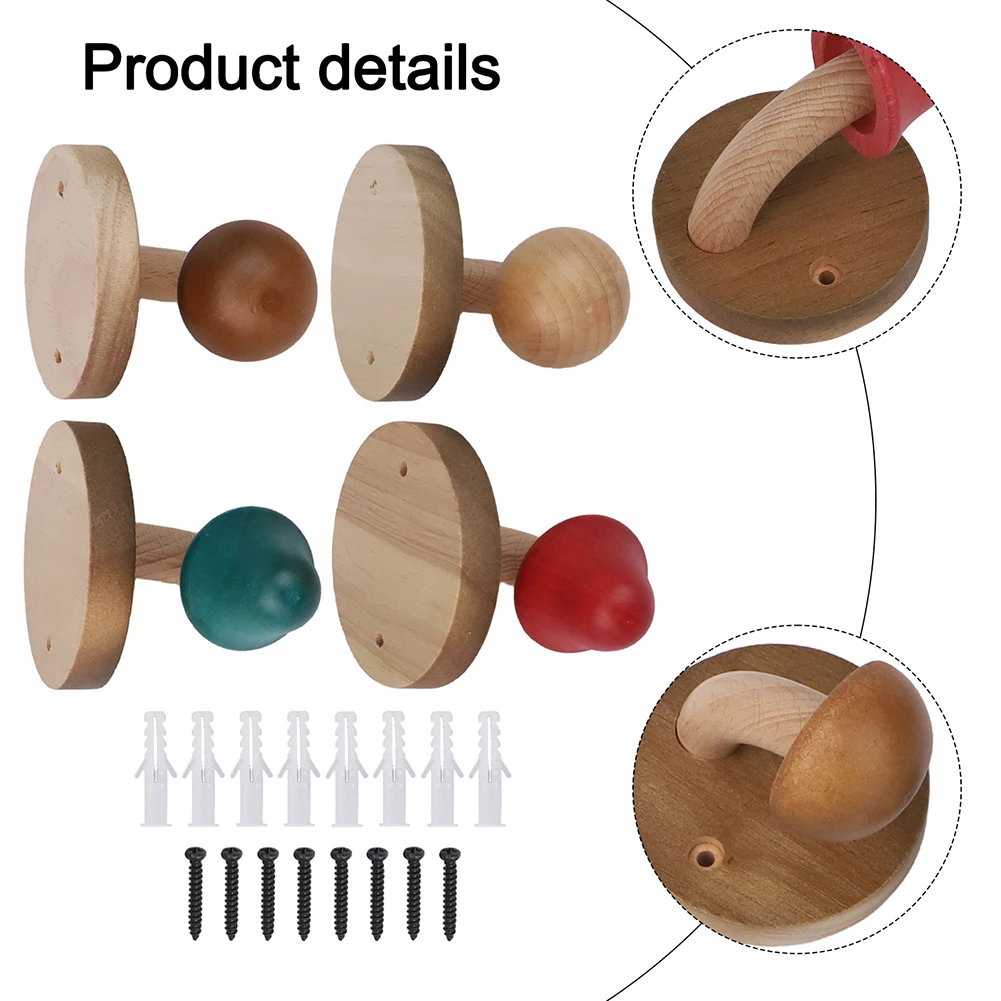 Vierdelige houten paddenstoelhaken met expansieschroeven voor het ophangen van handdoeken, tassen en accessoires in keuken of slaapkamer