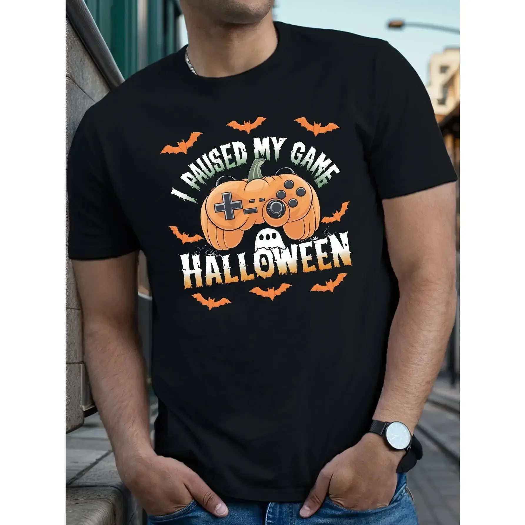 Paused My Game Halloween Graphic T-Shirt, Gamer Pumpkin Controller Tee for Men