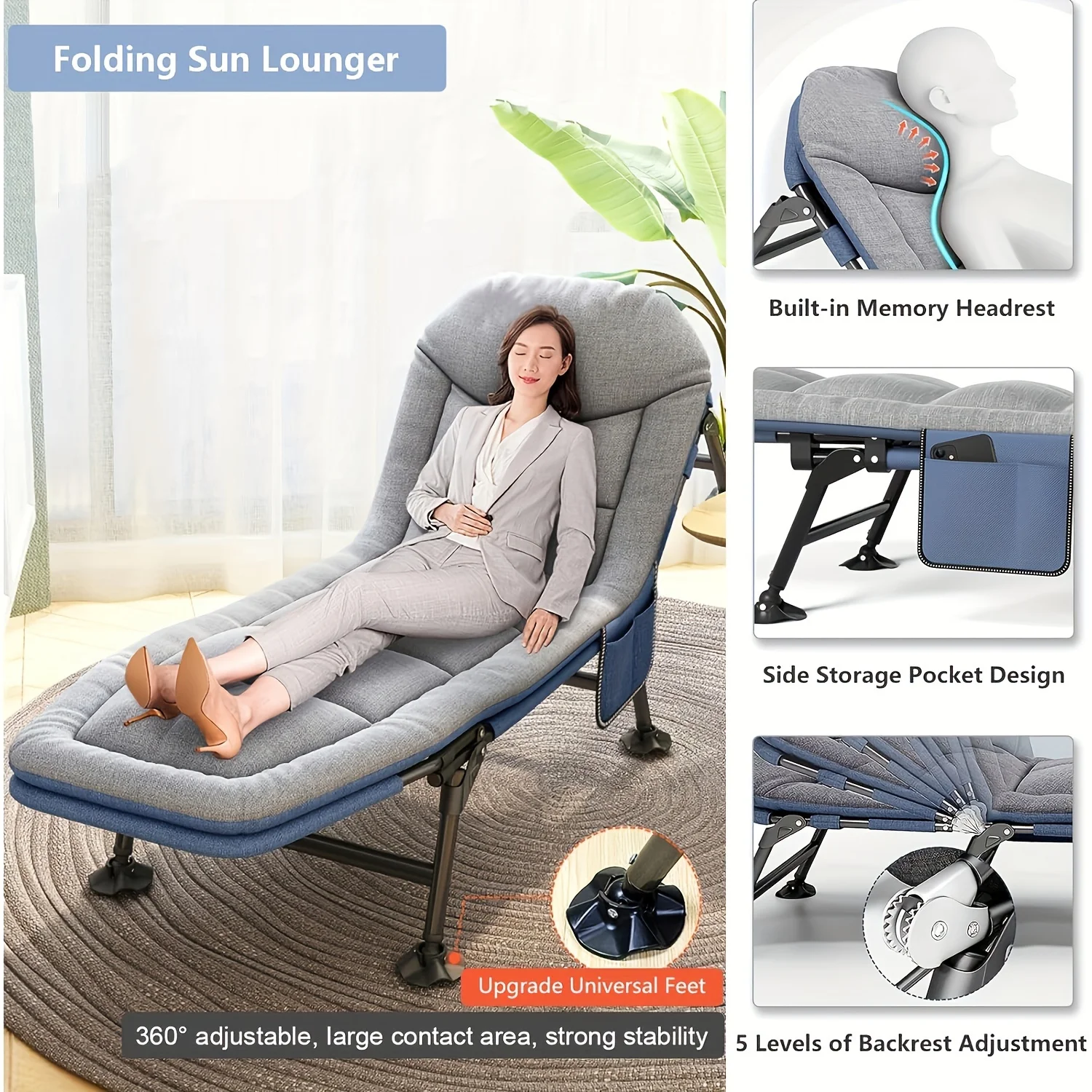 Lit de camping pliable pour extérieur et jardin, lit de sieste individuel avec oreiller et poche, capacité de charge de 200 kg, lit de camp réglable pour la sieste au bureau