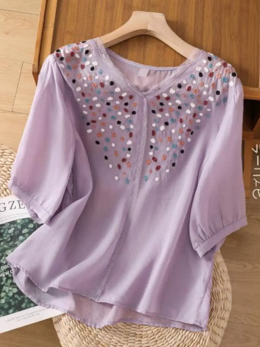 韓国風無地vネックレーストリムシャツ-レディース-夏-カジュアル-若々しいカジュアル-オーバーヘッド刺繍シャツ-ツーピースセット