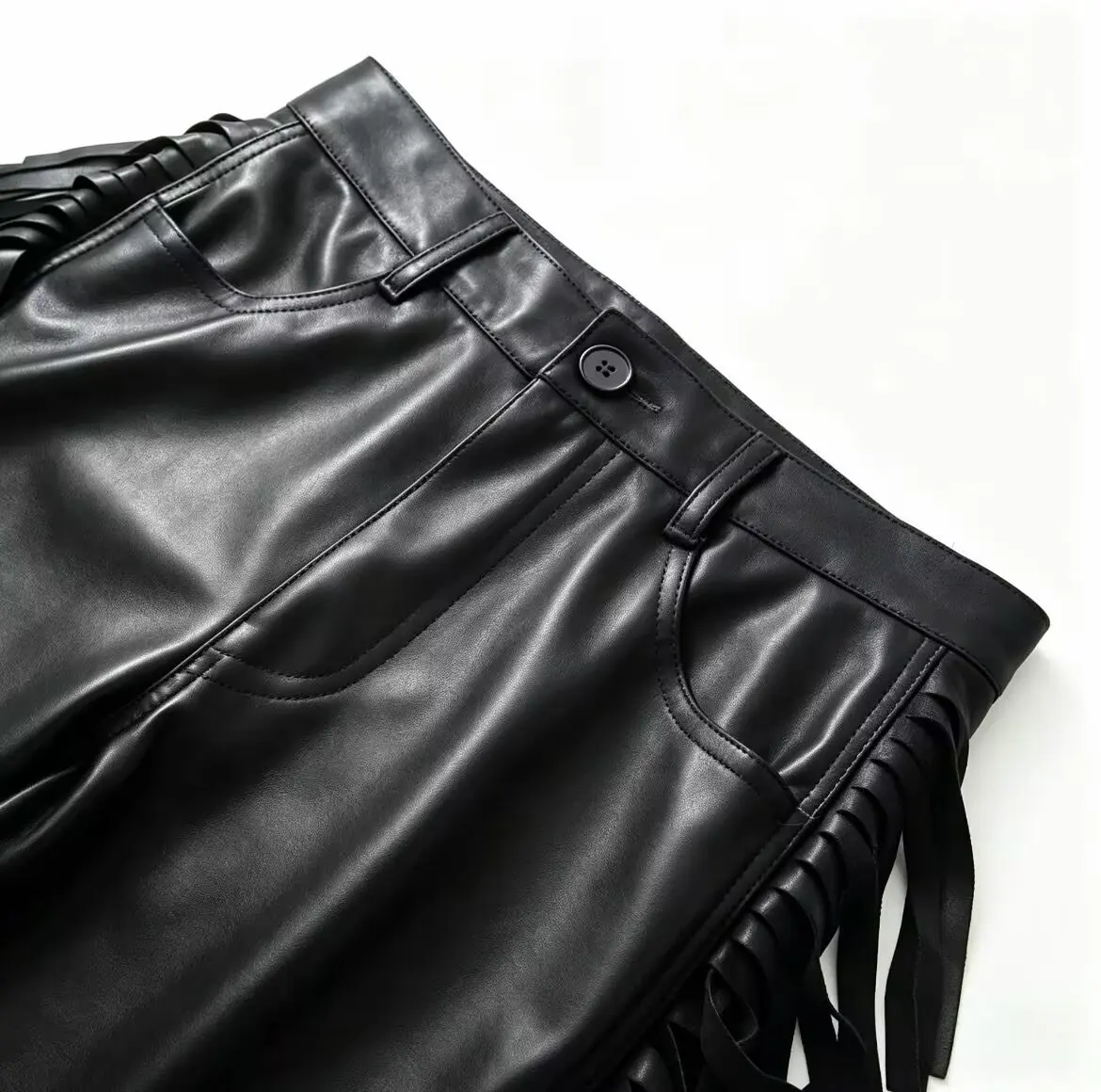 JNLEAOG Women's Comfortable Straight Leg PU Coated Long Pants Summer New Arrival Tassel Detail Cross-Border Natural Waist