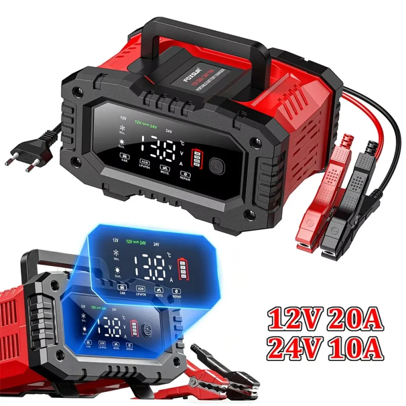 Cargador de Batería Inteligente Portátil GECOFEER 25A/15A para Baterías de Plomo-Ácido, AGM, GEL y LiFePo4 de 12V-24V para Motocicletas y Automóviles, con Función de Reparación por Pulsos