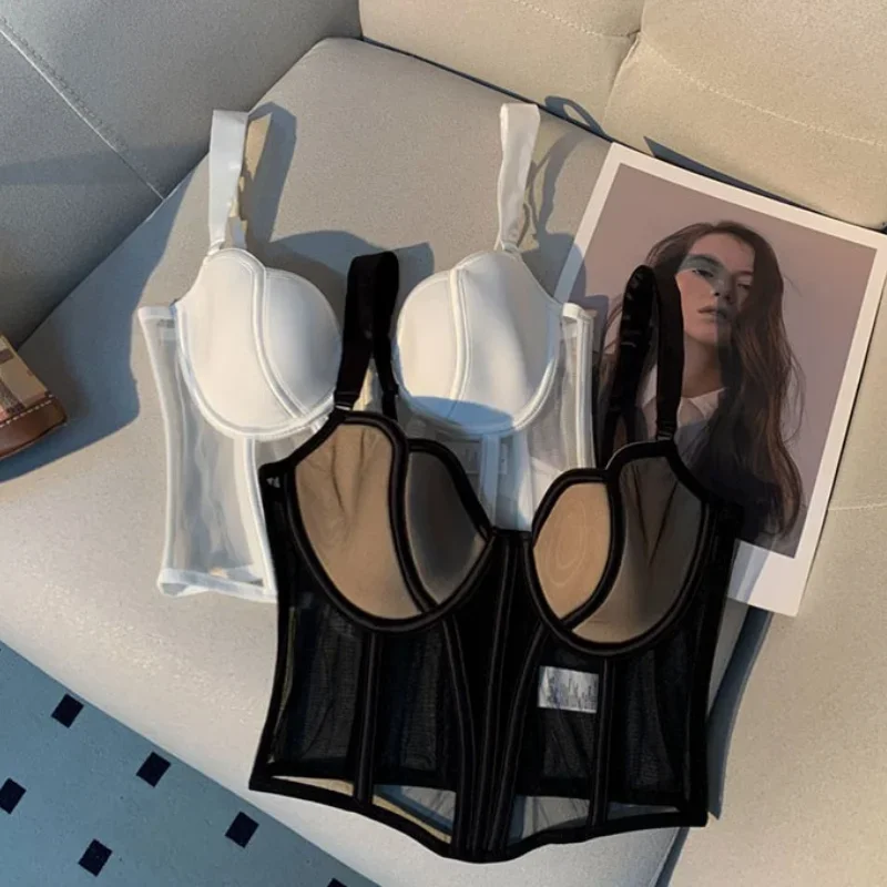 

Женский шикарный сетчатый камзол с рыбьей косточкой, встроенный бюстгальтер, женский летний корсет, укороченный топ, обтягивающий талию, сексуальный бюстгальтер пуш-ап, белый, черный, укороченный