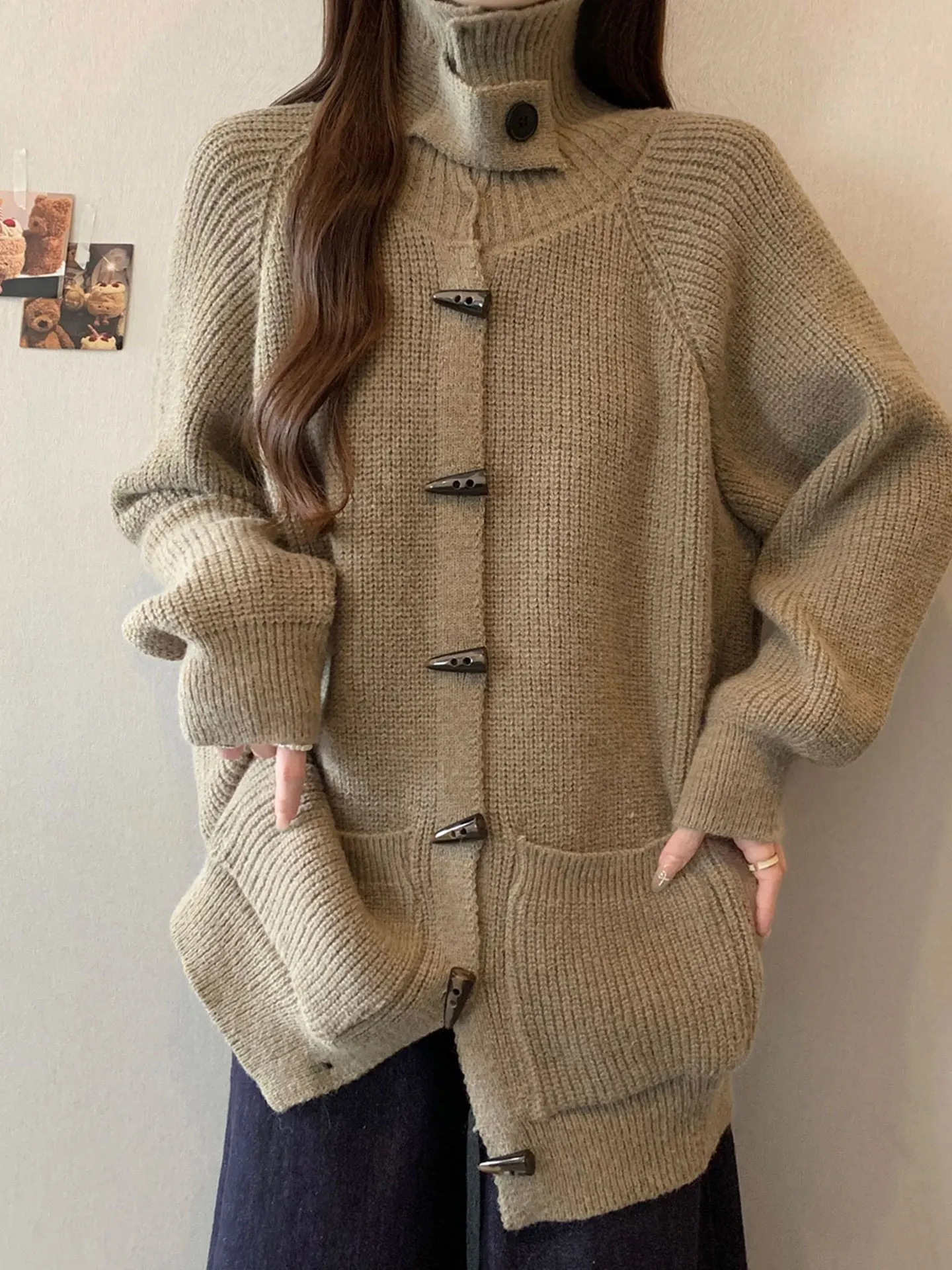 

Ladies' Oversized Knitted Long Sve High Collar Sweater Coat Winter Autumn Season Large Size Fat MM Button Cardigan Top