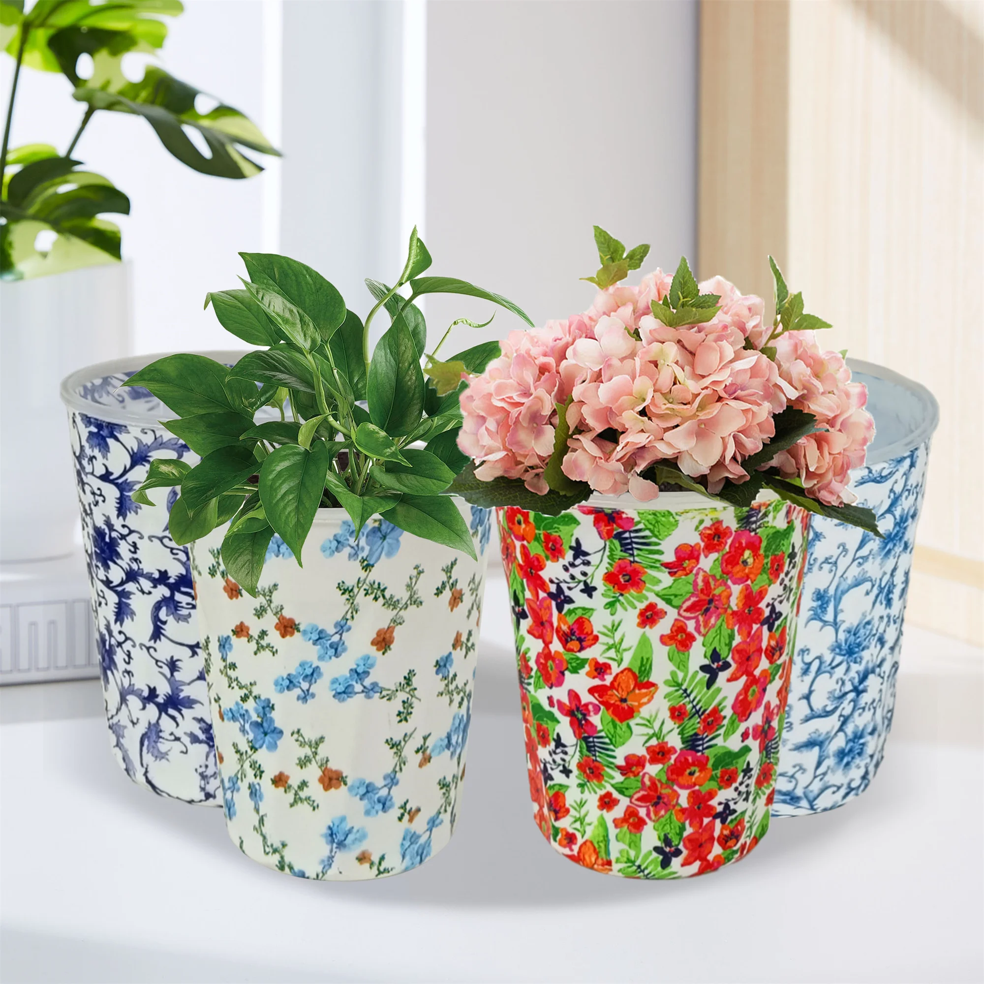 4 Pcs 5.2 Inch Resin Flower Pot Flower Pattern Round Double Decorative Flower Pot Home Garden Decorative Succulent Flower Pot