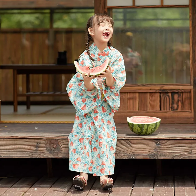 Summer Cotton Light Green Watermelon Printed Japanese  Children\'s Kimono Japanese Bathrobe Girl\'s Dress Performance Yukata ZE496