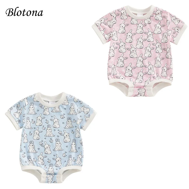 

Blotona Baby Romper, Short Sleeve Crew Neck Bunny Print Summer Bodysuit Easter Clothes for Girls Boys 0-18Months