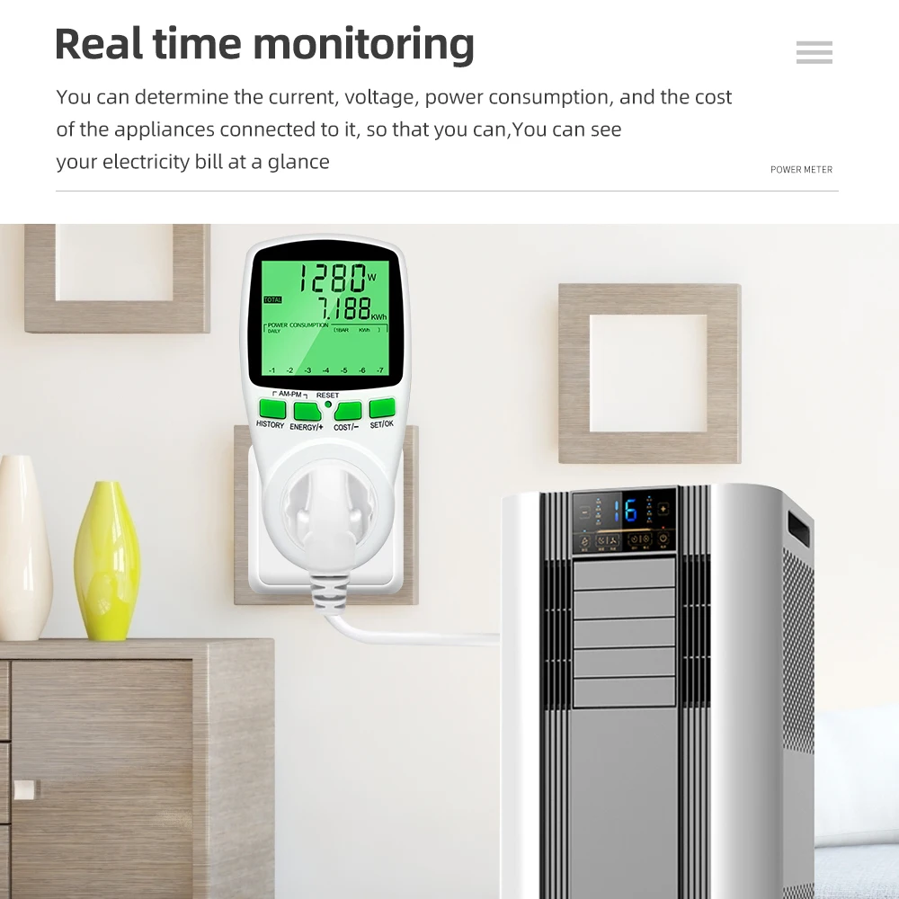 Digitaler Spannungs-Wattmeter, US/UK/EU-Steckdose, Energiezähler, Leistungsmesser für Wattzahl, kWh-Leistungsmesser mit Hintergrundbeleuchtung – Detail 4