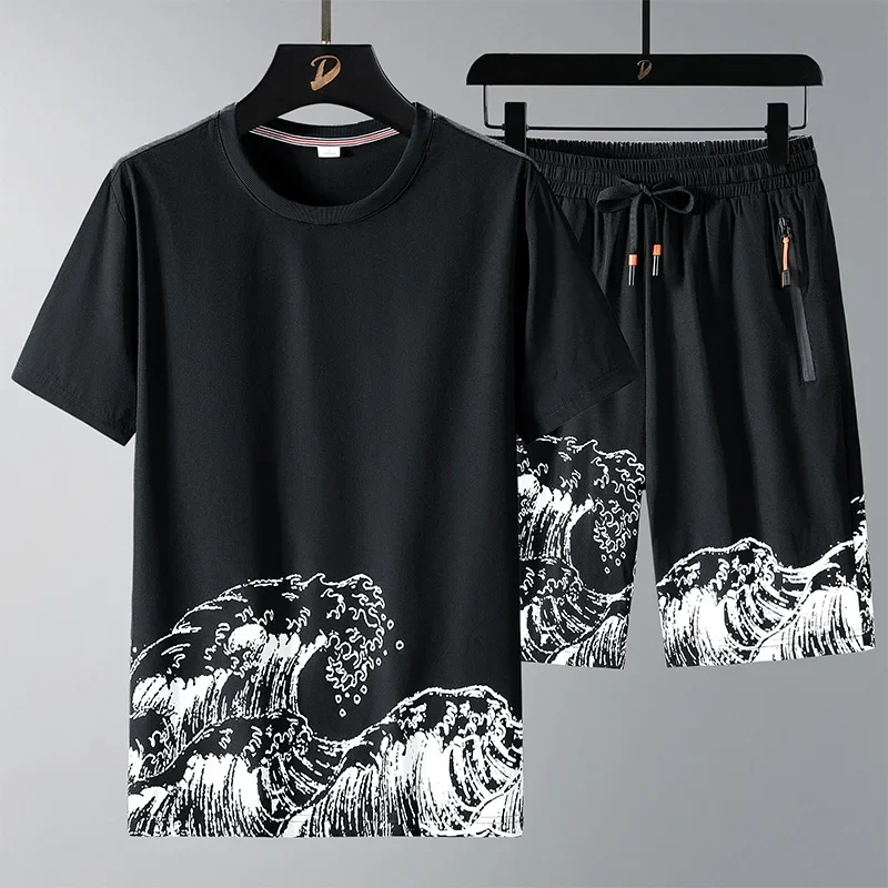 Summer New Mens Set Japanese Print Harajuku Style Two Piece Set  Quick Dry Male Casual Sports Suit Short Sleeve Set