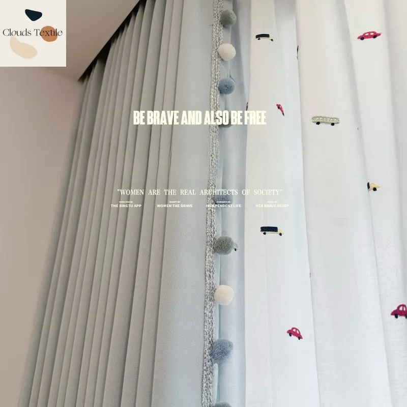 Custom Size Elegant Car Embroidery Cotton and Linen Yarn Cute Children's Room Window Screen Curtain Cartoon White Yarn Bedroom