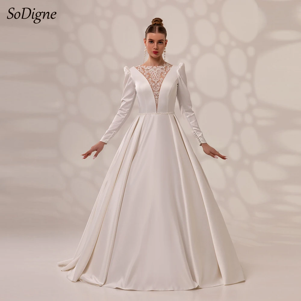 

SoDigne A-line Satin Beach Wedding Dresses O-neck Full Sleeves Appliques Bridal Dress Long Boho Bride Gown vestidos de novia