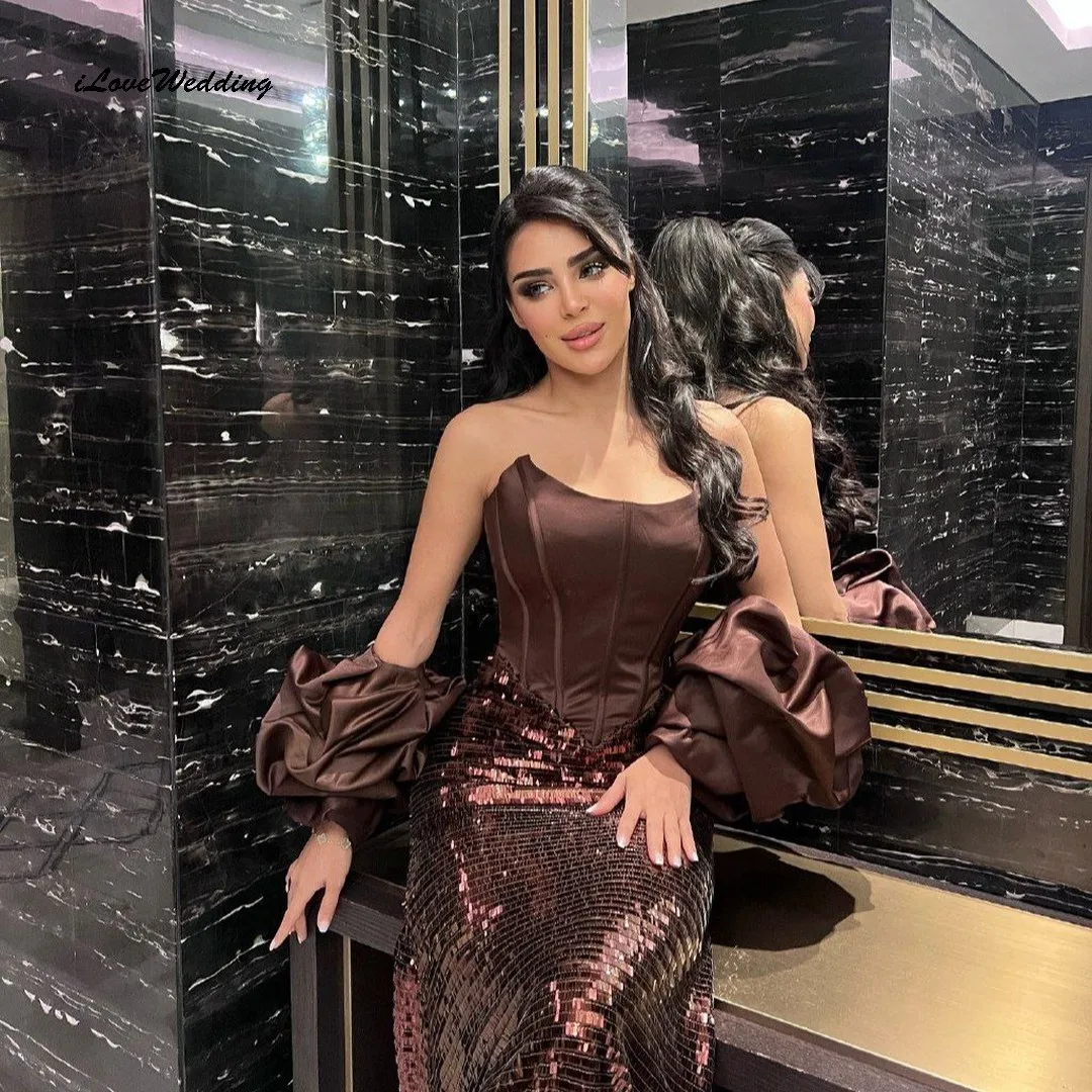

Chocolate Brown Strapless Prom Dresses 2025 Sequin Elegant Women Party Dress Boat Neck Mermaid Evening Dresses Gala Customized