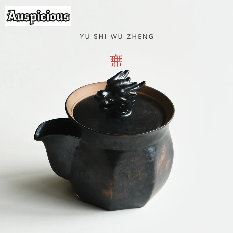 200ml Japanese Rough Pottery Treasure Bottle Pot Handmade Black Glazed Hand Grab Pot Creative Dargon Head Kettle Teaware Gifts