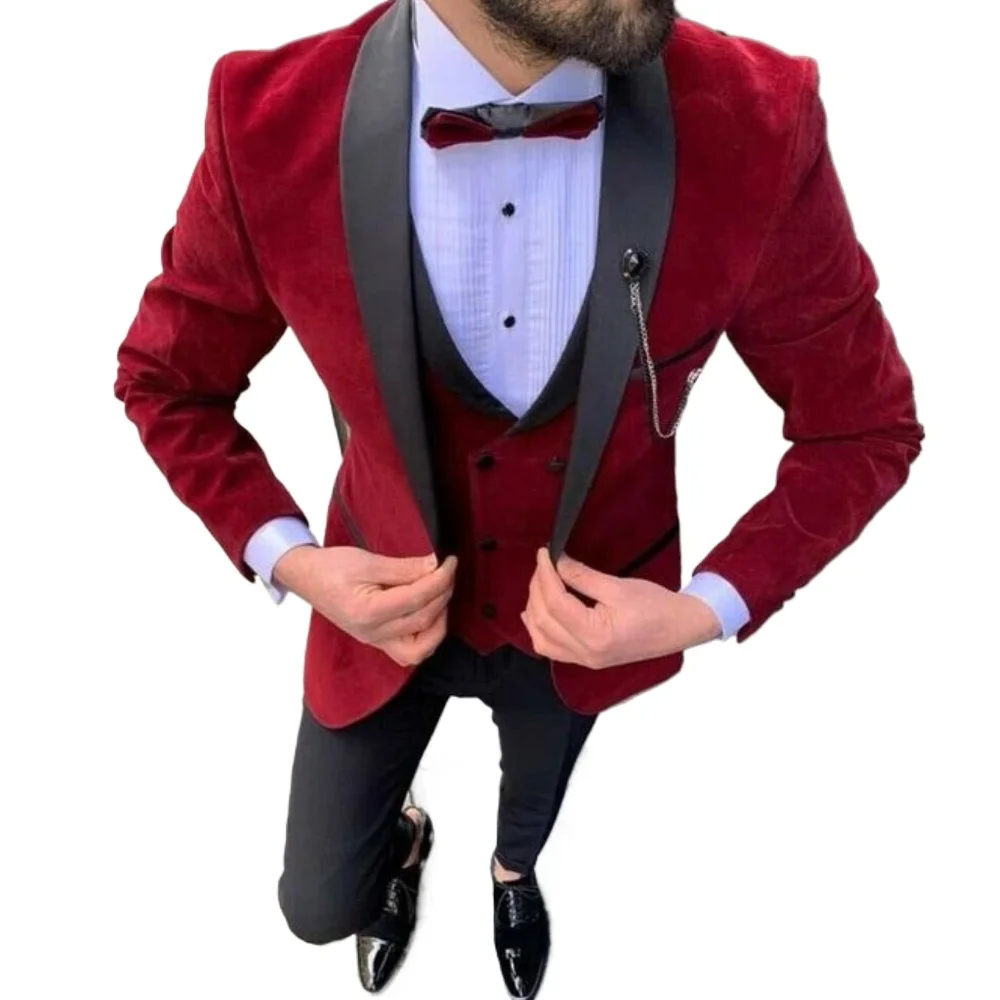 Elegant Red Velvet Men Suits 3 Pieces Set (Jacket +Vest+Pants ) Black Shawl Lapel Bespoke Wedding Grooms Wear