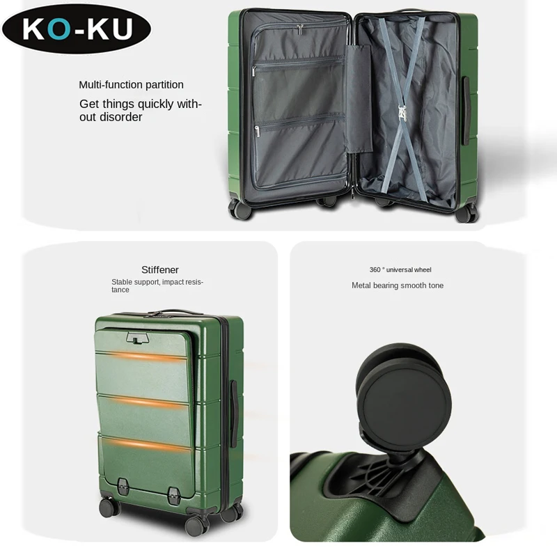 KO-KU Multifunctional Suitcase Front Opening Lid Female 20 Inch Business Trolley Case Male Boarding Luggage 24/26 with USB Port